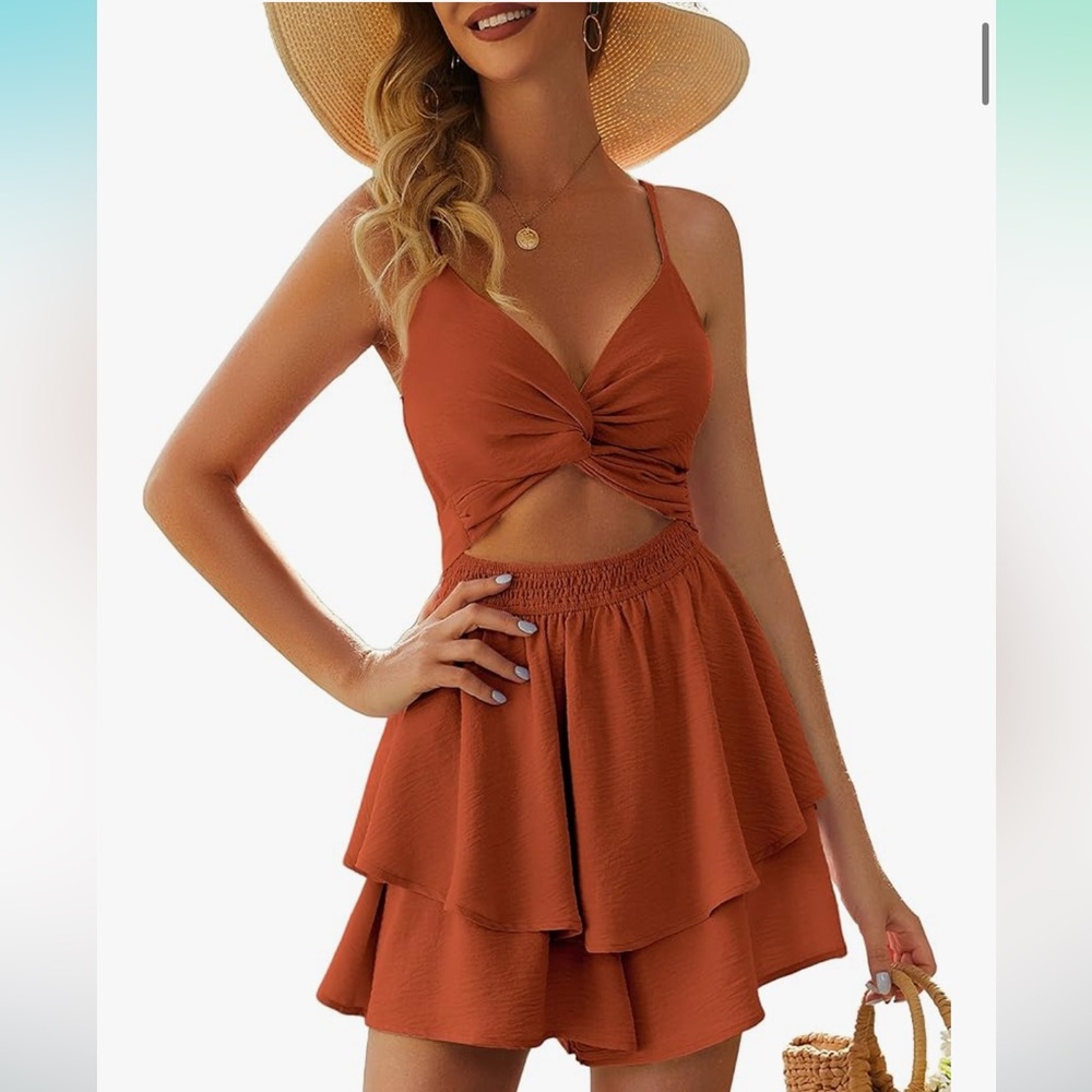 Spaghetti Straps Double Layer Ruffle Hem Mini Short Romper size Large